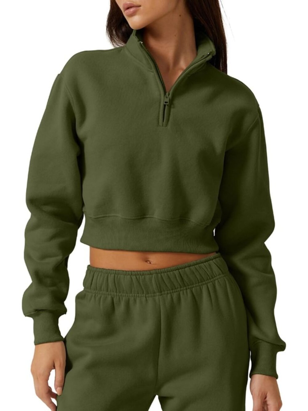Women's Olive Solid Fleece High Neck Half Zip Pullover Cropped Top Sweatshirt